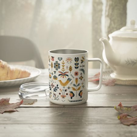 Insulated Coffee Mug, Floral Pattern, Eco-Friendly Drinkware, Gift for Her, Home Office Accessory, Vintage Boho Style