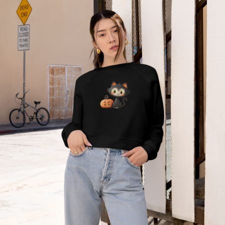 Cute Cat Halloween Sweatshirt, Women's Cropped Fleece Pullover, Fall Fashion, Cozy Gift for Cat Lovers, Autumn Outfit